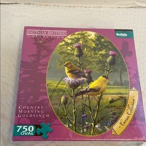 New country morning finch puzzle 750 oval Hautman Brother collection.